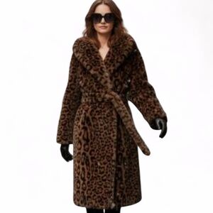 NEW! Rebecca Minkoff Leopard Faux Fur Hooded Wrap Coat. Size Medium